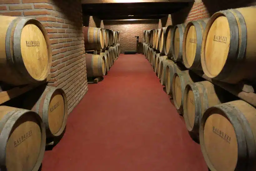 Red wine fountain outside the biggest wine cellars