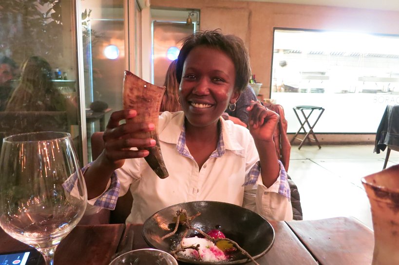 Rosemary drinking chicha at Borago restaurant by Authentic Food Quest