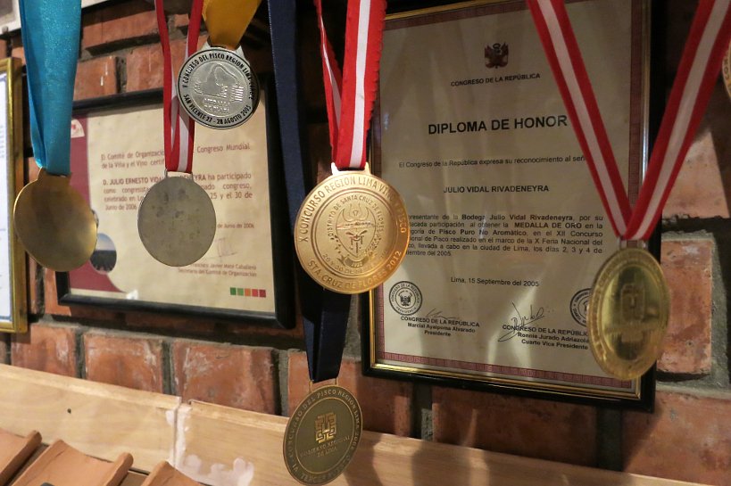 Peruvian Pisco medals at bodega rivadeneyra