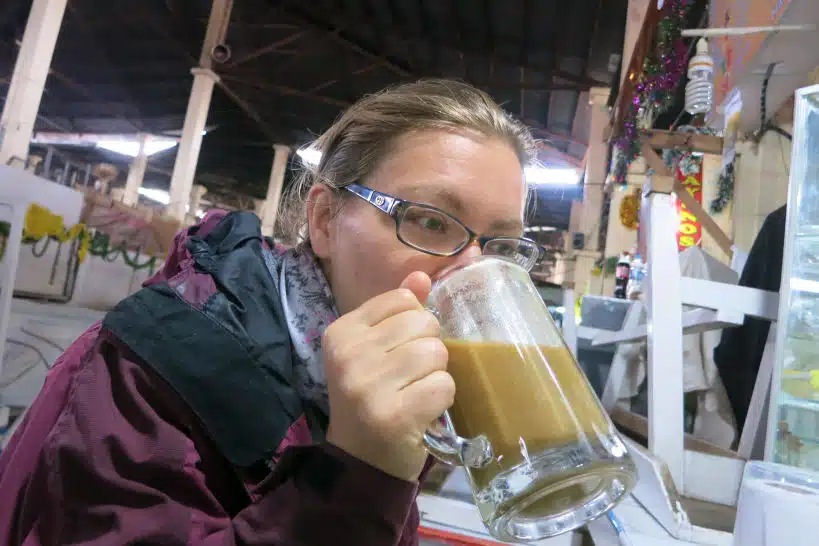 Claire drinking Maca Maca From Peru by Authentic Food Quest