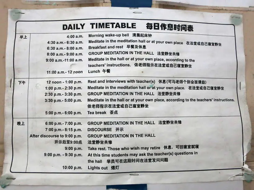 Timetable at the Silent Retreat by Authentic Food Quest