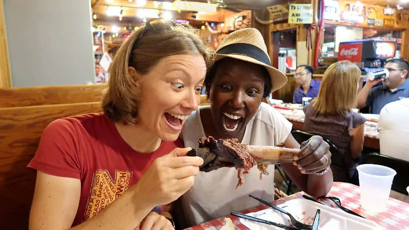 Claire and Rosemary at Blacks on the quest for the Best BBQ in Lockhart Authentic Food Quest