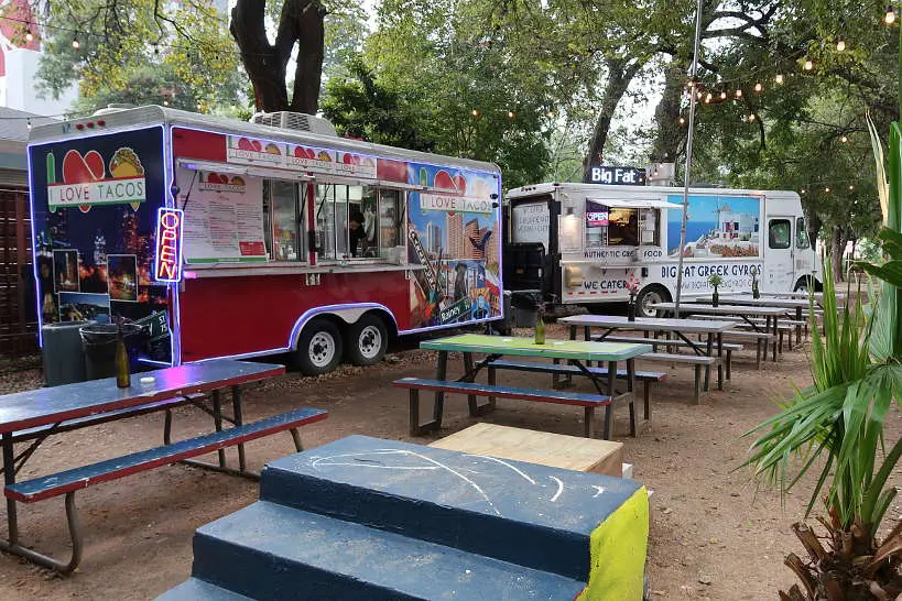 Rainey Street food truck area with Big Fat Greek Gyros one of the Austin Food Truck Parks Authentic Food Quest