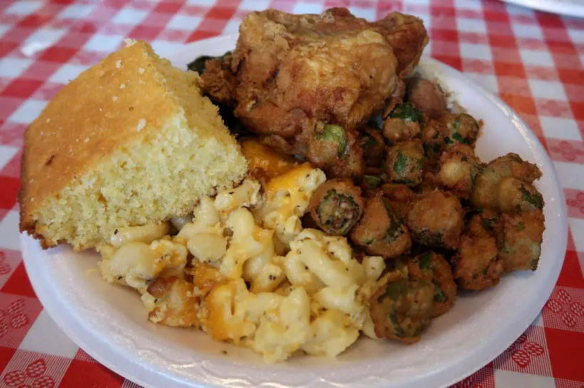 CornBread Fried Okra and Mac & Cheese at Big Mike's Soul Food for Best Southern Comfort Foods by Authentic Food Quest. Some of the delicious delights at Big Mike's Soul Food