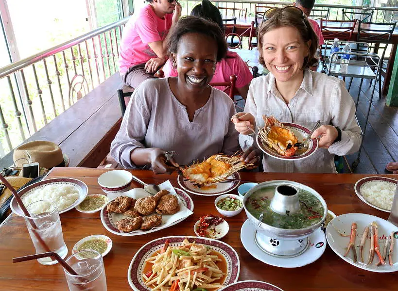 Kung Phao Mae Thong Chup Rosemary and Claire with Giant Shrimp on Ayutthaya Day Tour by Authentic Food Quest. So many temples and so much good food to experience on a Ayutthaya day tour