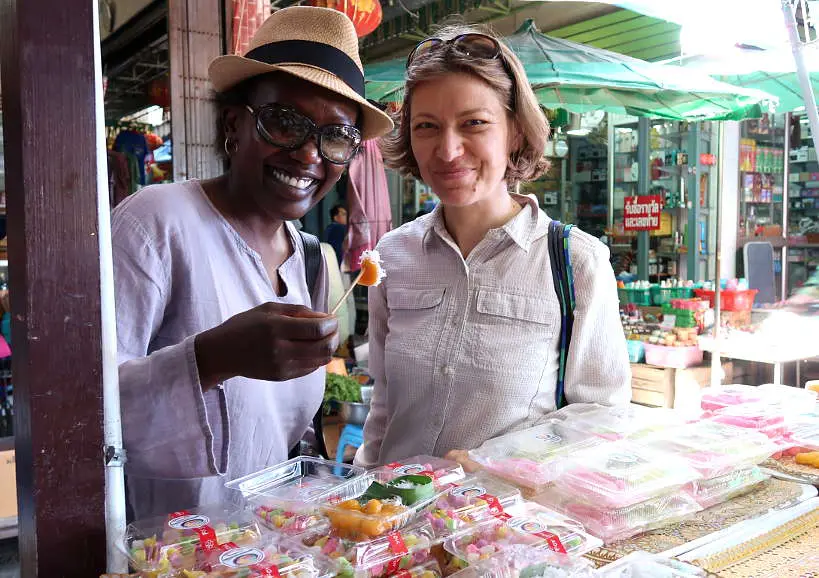 San Chao Rong Thong Market with Rosemary and Claire eating Thai Dessert Stall on Ayutthaya Day Tour by Authentic Food Quest
