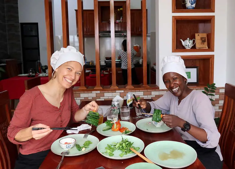 Claire and Rosemary Eating at the end of their Hoi An Cooking Class Authentic Food Quest