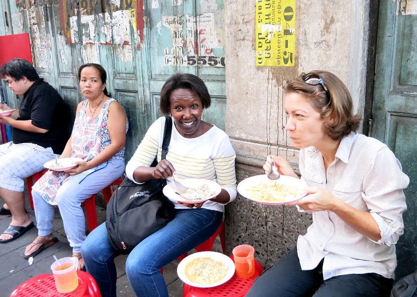 Claire and Rosemary Eating Street Food in Chinatown on a Bangkok Food Tour by Authentic Food Quest