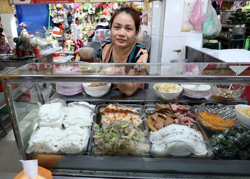 First stop on our Danang Food Tour Market Vendor Selling Banh Beo Uot Thap Cam by Authentic Food Quest