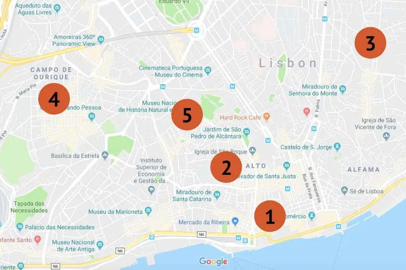 Map of the five best areas where to stay in Lisbon by Authentic Food Quest