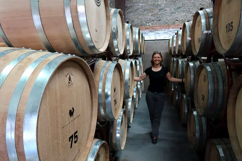 Claire in the cellar of Villa Yustina Winery Bulgaria by Authentic Food Quest