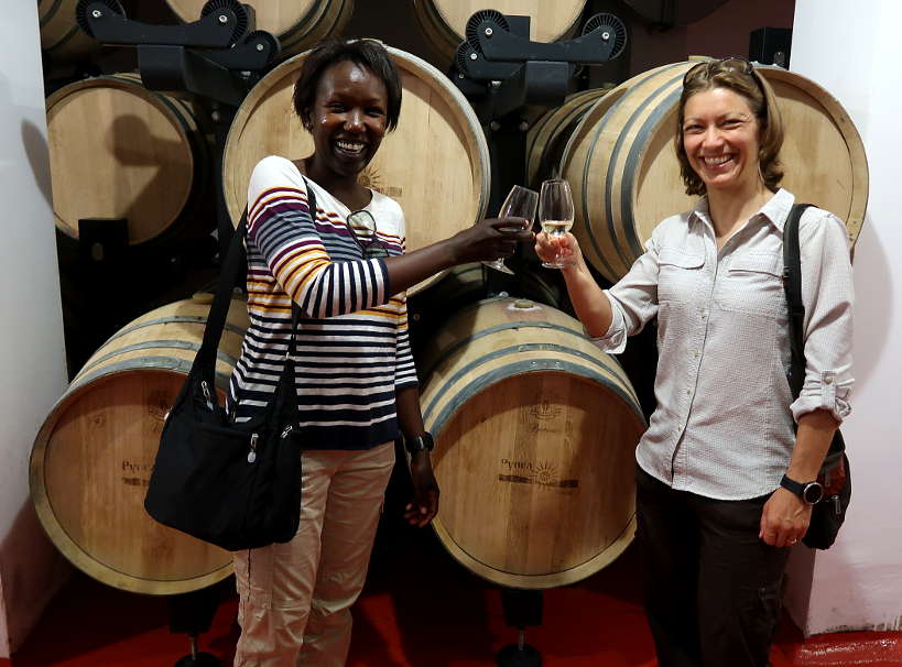 Rosemary and Claire Cheering at Rupel Winery in Melnik Bulgaria by Authentic Food Quest