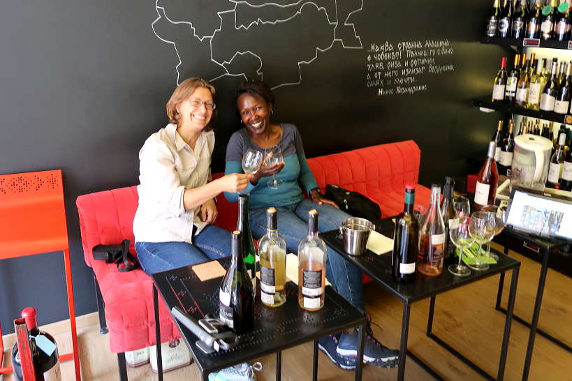 Claire and Rosemary sampling Bulgarian wines at EnjoyWine in Sofia Bulgaria Authentic Food Quest