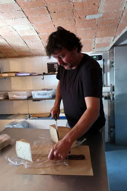 Marti Cutting Goat Cheese Mas Alba Girona Spain by AuthenticFoodQuest