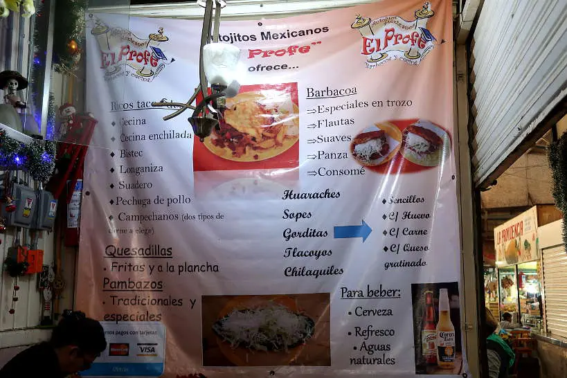 Menu at El Profe at Mercado de Jamaica by AuthenticFoodQuest