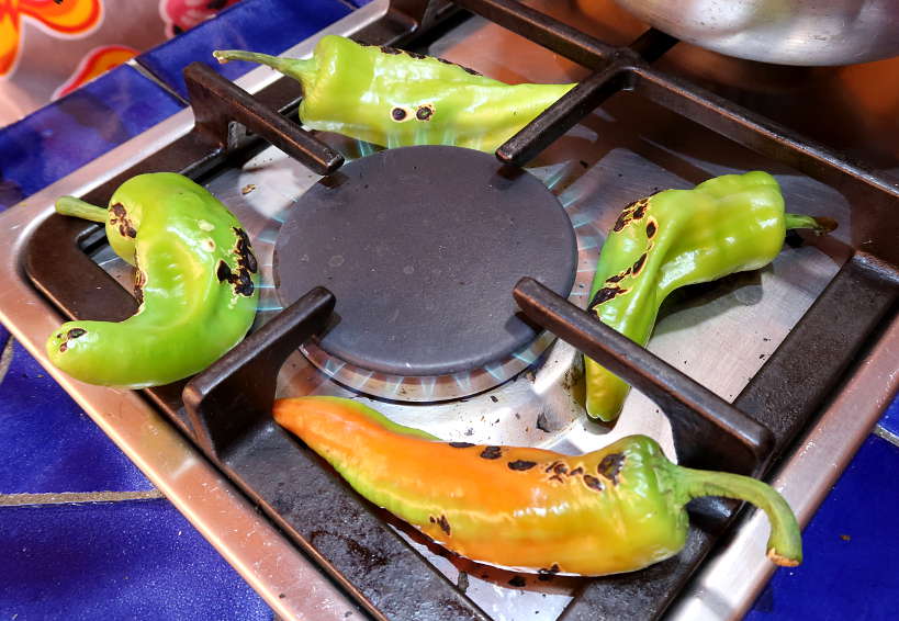Roasting chile de Agua at La Cocina Oaxaquena for cooking class in Oaxaca by Authentic Food Quest
