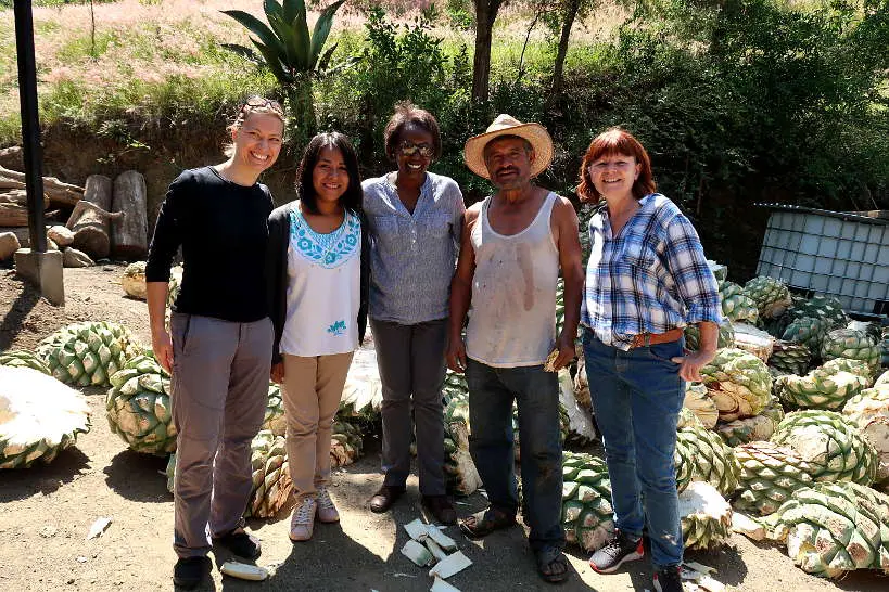 Claire and Rosemary with Daniela, Crispin and Maggie at Geü Beez mezcal distillery by Authentic Food Quest