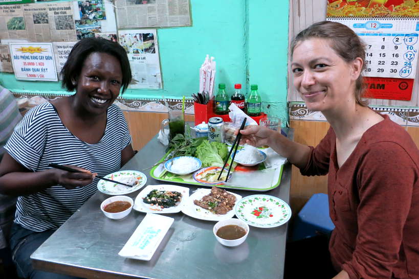 Rosemary and Claire eating bo la lot for food in Saigon by Authentic Food Quest