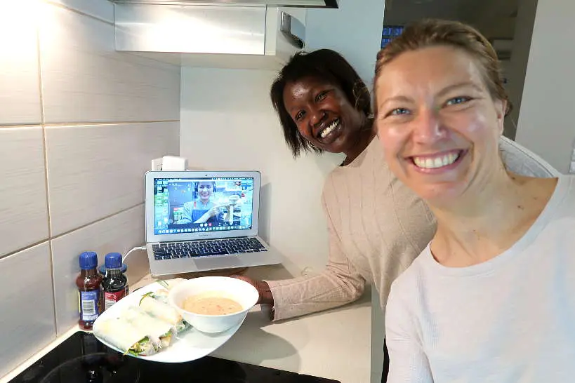 Rosemary and Claire taking an online Vietnamese cooking class with the Chef and the Dish by Authentic Food Quest
