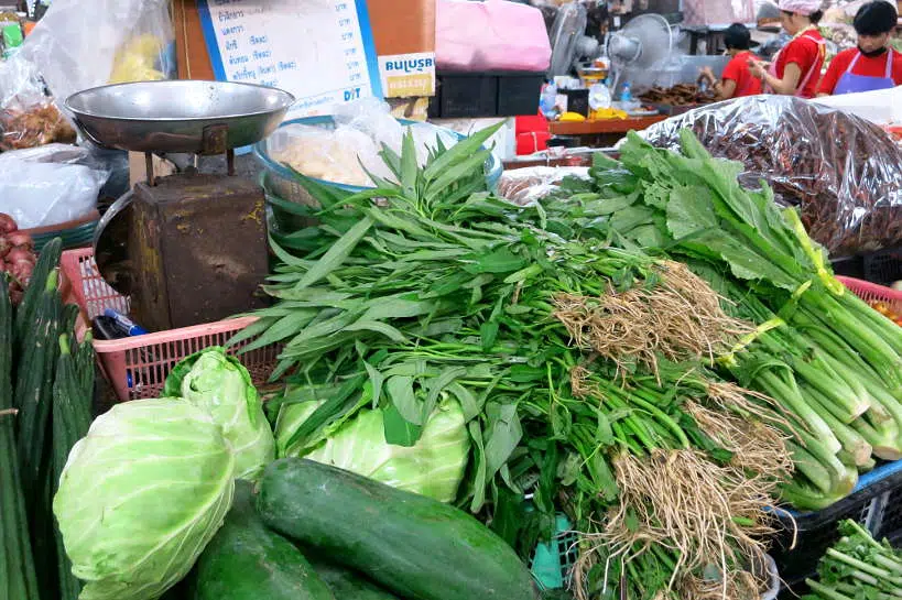 Picking up Vegetable Thai Market Best Cooking Class Chiang Mai by Authentic Food Quest